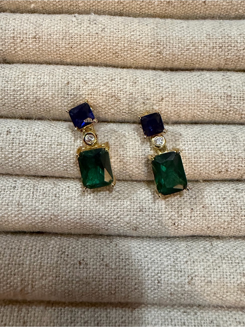 Gold-Plated Green and Blue Emerald Drop Earrings - Picture 2 of 7